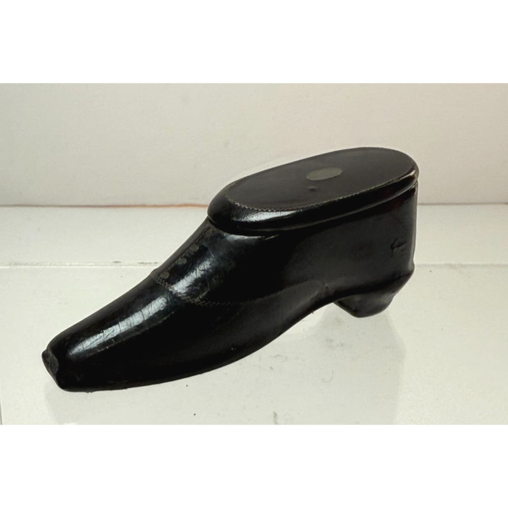 Victorian Era Black Lacquer Papier-Mâché Men's Shoe Match Safe Holder Snuff Box